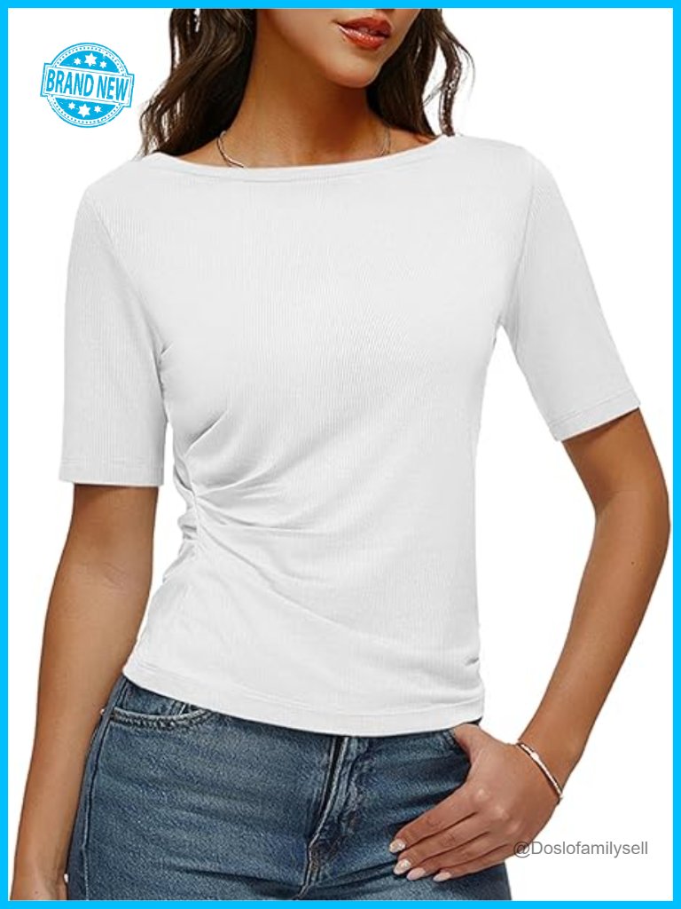 Women's Boat Neck Half Sleeve Ruched Side Fitted T-Shirt Tee